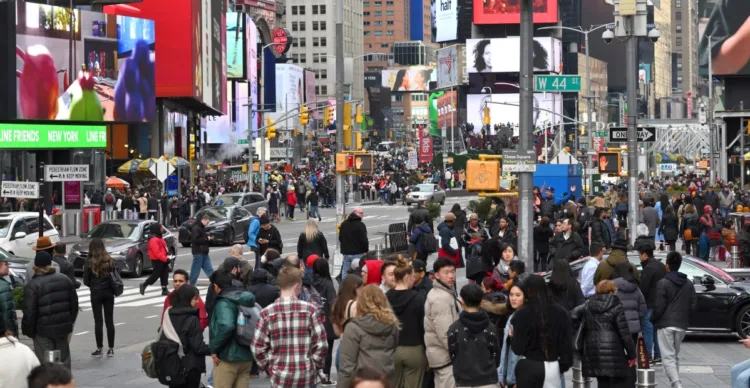 New York City - February 15, 2023: Unidentified people on the Times Square in Manhattan, in New York City, United State