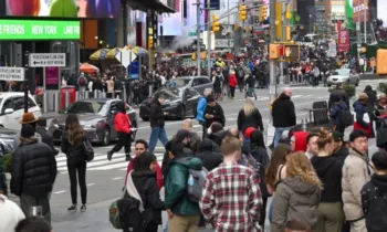 New York City - February 15, 2023: Unidentified people on the Times Square in Manhattan, in New York City, United State