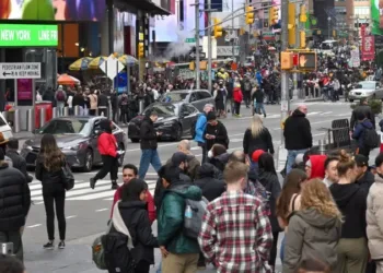 New York City - February 15, 2023: Unidentified people on the Times Square in Manhattan, in New York City, United State